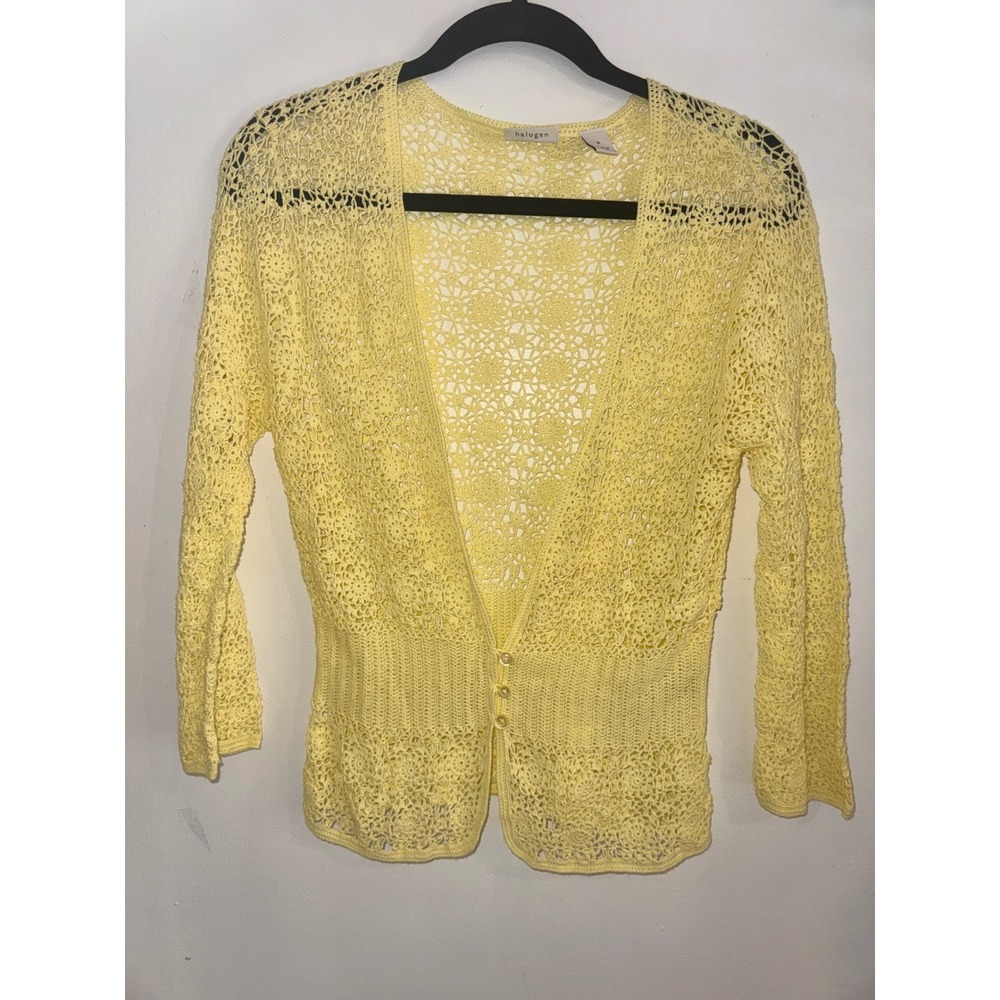 Halogen Yellow Crochet Knit Cardigan Sweater Women Medium Cotton Floral Peplum